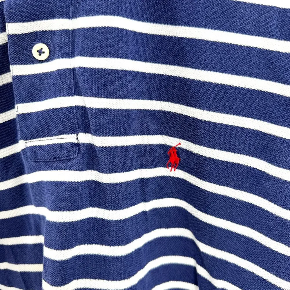 Vintage 90s Polo Ralph Lauren Navy Blue White Striped 100% Cotton Polo Shirt